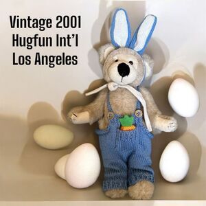 Vintage 2001 Hugfun Plush Teddy Bear 9" Knit Blue Overalls Easter Bunny Ears